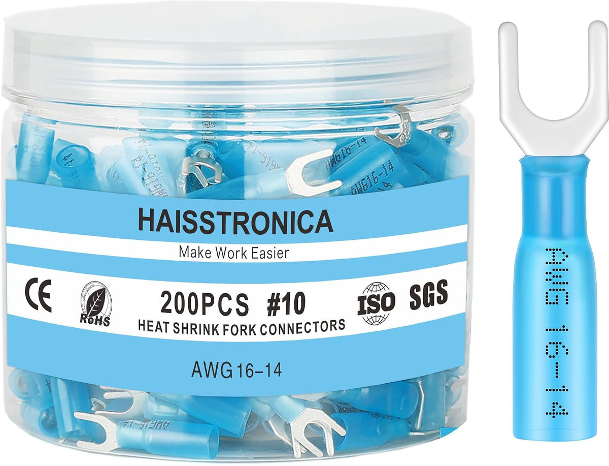 haisstronica 200PCS Heat Shrink Fork Terminals, 16-14 AWG, #10, Blue