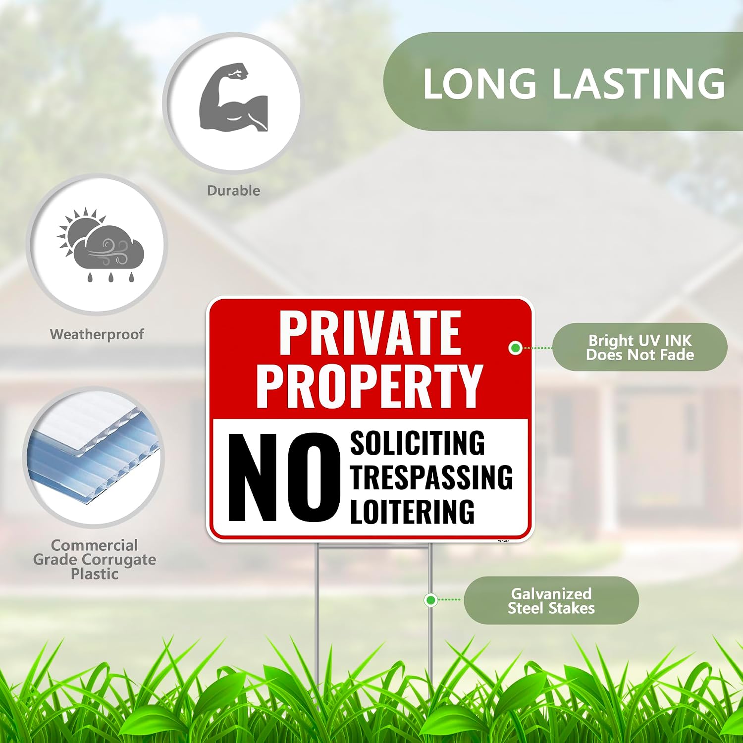 2PC Private Property No Soliciting Trespassing Loitering Signs with Metal Stakes, 12"x9" - Corrugated Plastic - No