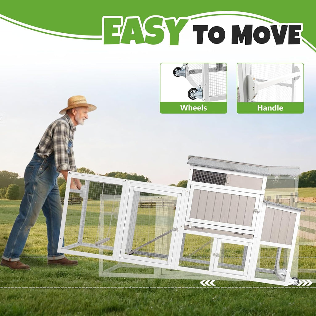 78" Mobile Chicken Coop with Wheels, Large Outdoor Hen House with Nesting Box, Run Ramp, and Pull-Out Tray for 2-4