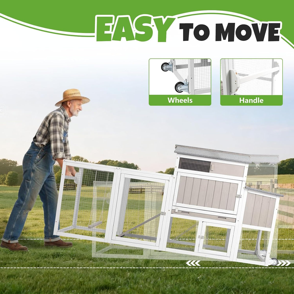 78" Mobile Chicken Coop with Wheels, Large Outdoor Hen House with Nesting Box, Run Ramp, and Pull-Out Tray for 2-4
