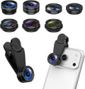 7 in 1 Clip On Phone Camera Lens Kit, 0.63X Wide Angle,15X Macro,2X Telephoto,198°Fisheye,CPL,Starburst, Kaleidoscope