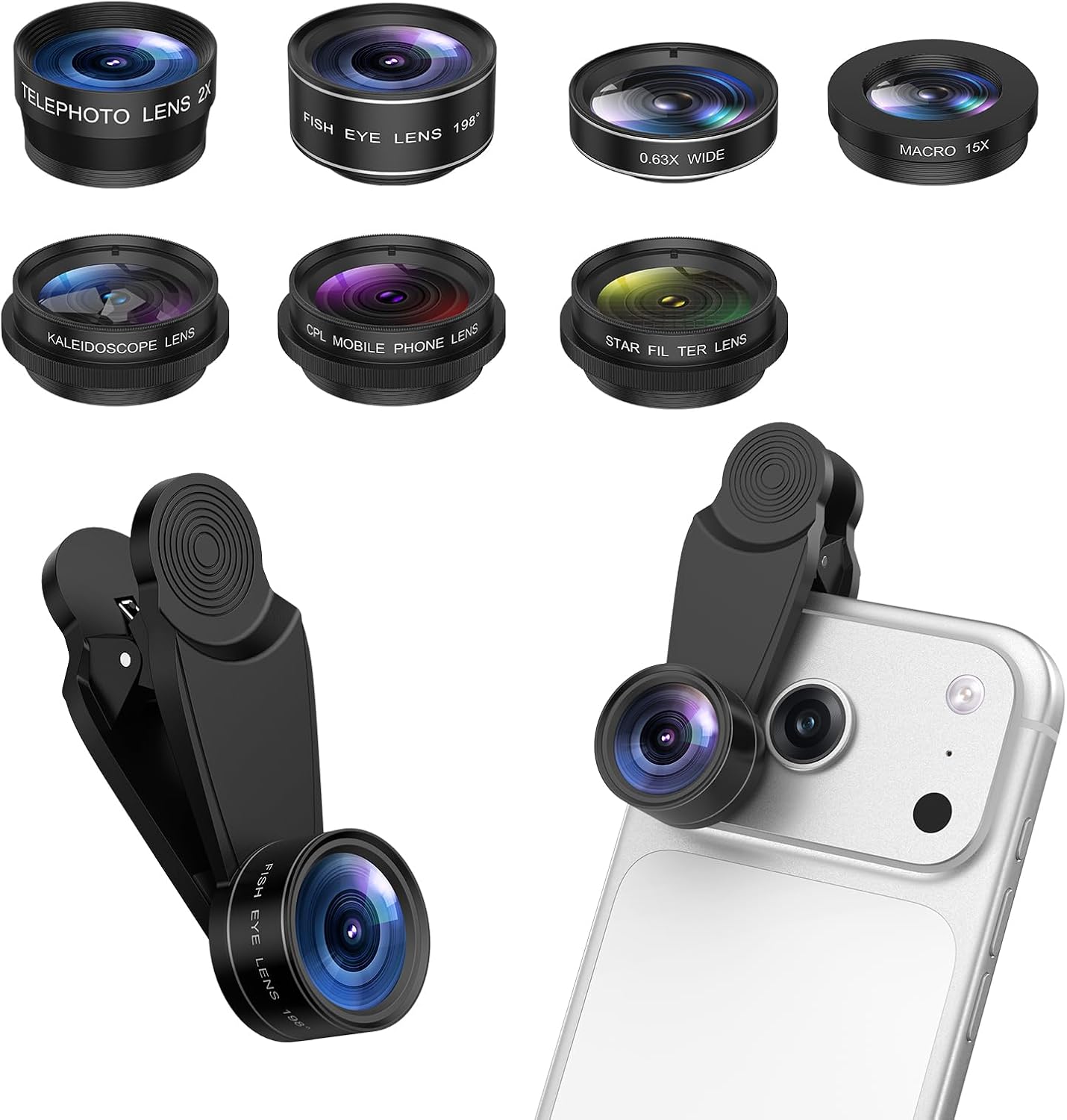 7 in 1 Clip On Phone Camera Lens Kit, 0.63X Wide Angle,15X Macro,2X Telephoto,198°Fisheye,CPL,Starburst, Kaleidoscope