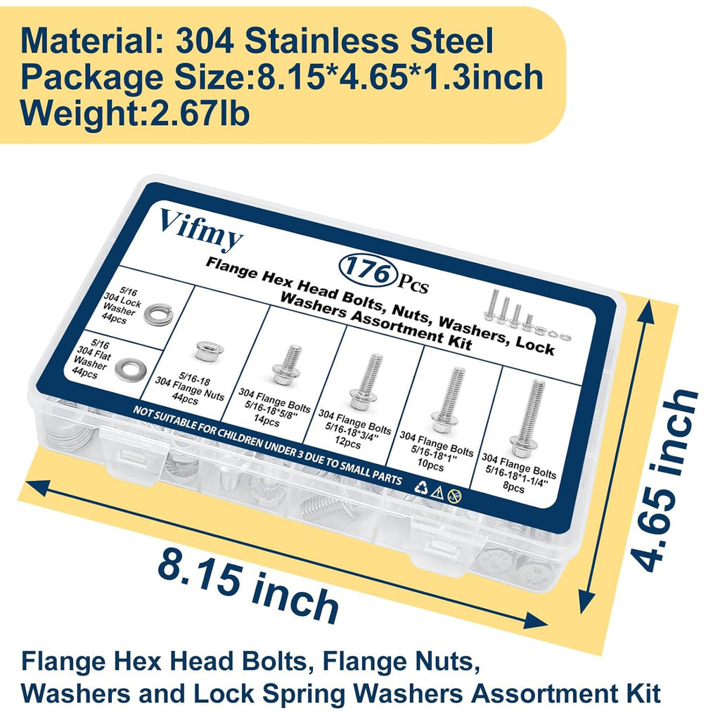 5/16-18 Flange Bolt & Nut Assortment Kit 304 Stainless Steel 176Pcs