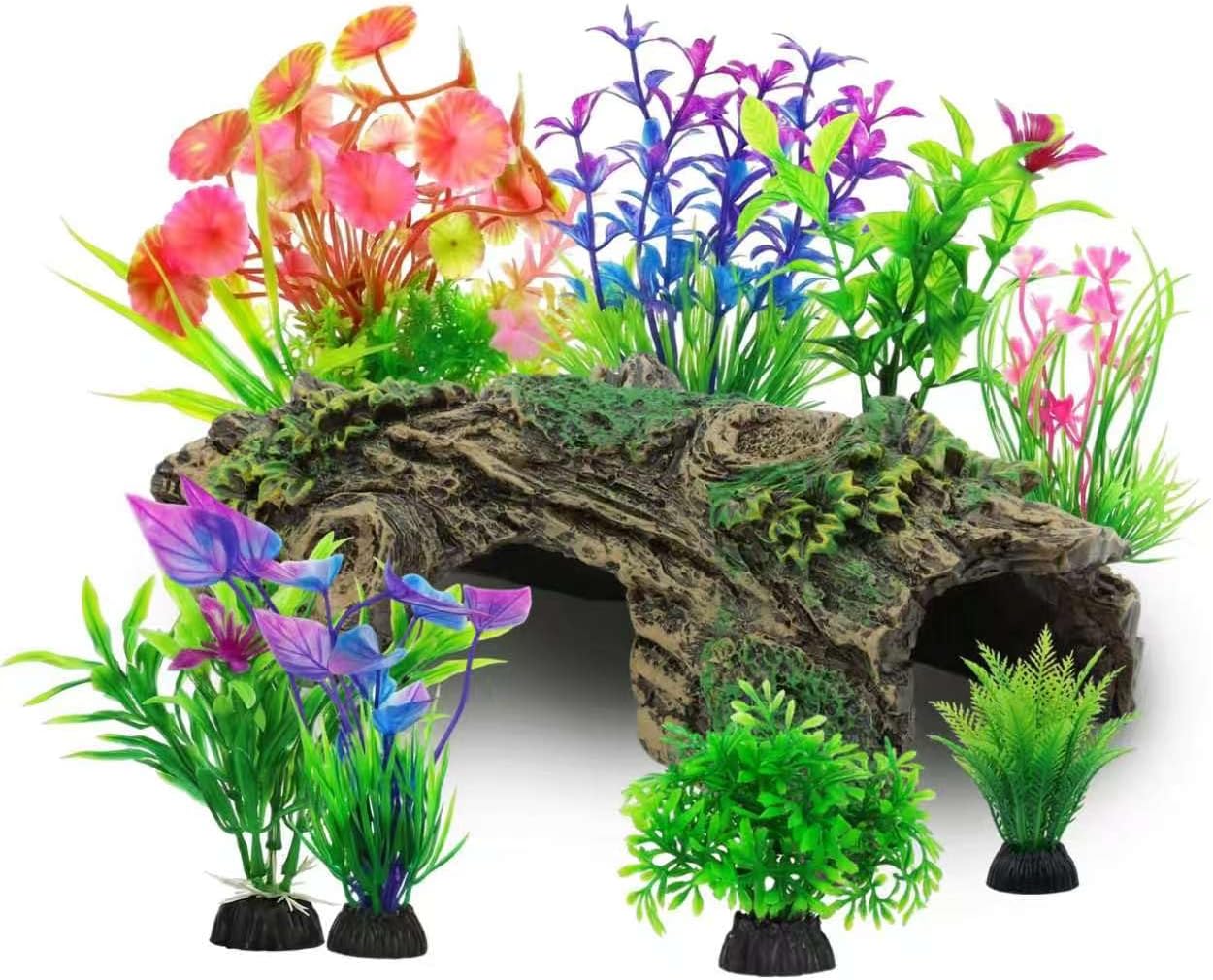 Resin Hollow Tree Trunk Betta Log Cave 1pcs with Aquarium Plants x 8pcs - Fish Tank Decorations for Betta Fish, Small