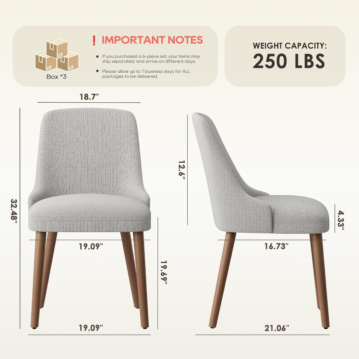 Upholstered Dining Chairs Set of 6 with High-Back, Light Grey