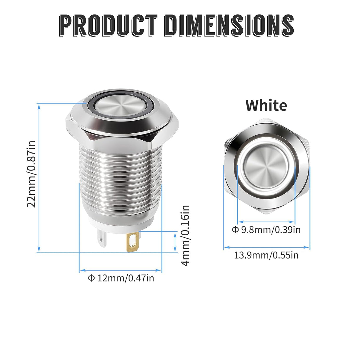 12mm Momentary Push Button, 3-6V, O Shape White LED, 304 SS