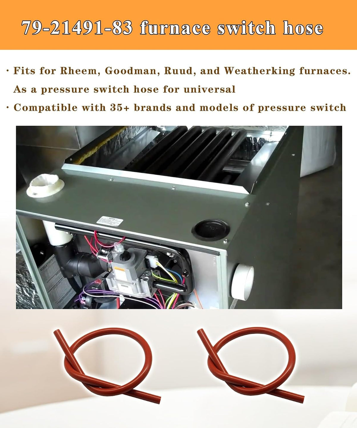 2 pcs 79-21491-83 Furnace Pressure Switch Hose 3/16 I.D. X 18" High Temp Silicone Tubing, Fits For Rheem Goodman Ruud Weatherking HVAC Systems