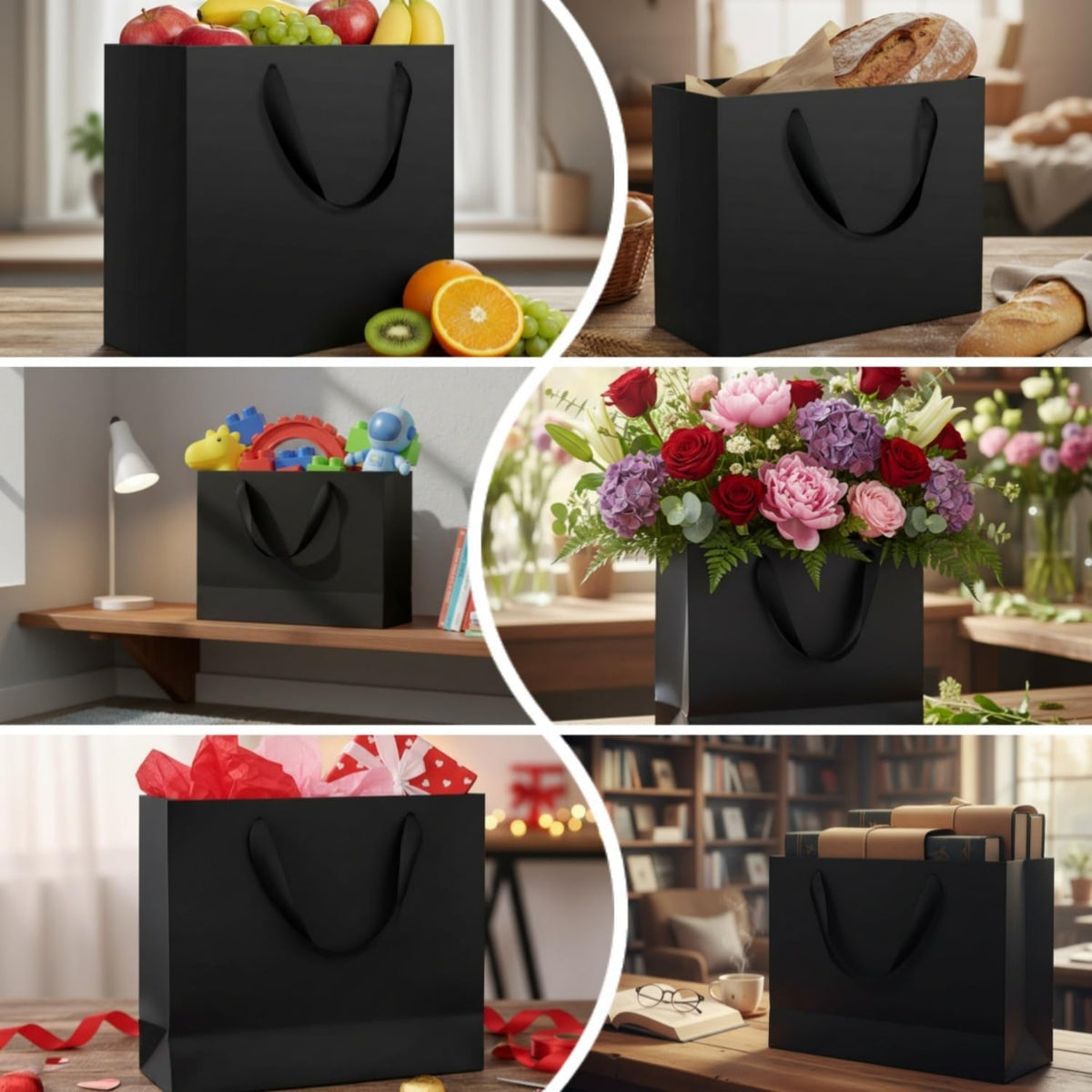 60 Pcs Black Paper Bags with Handles, Assorted Sizes Gift Bags