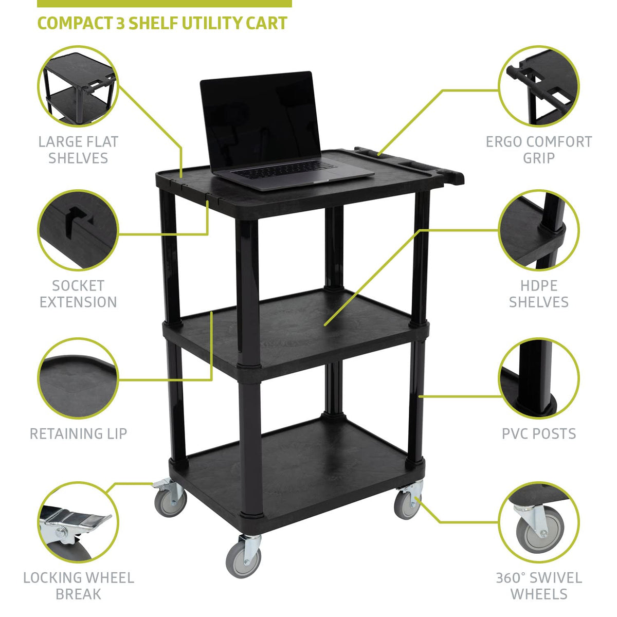 3-Tier Compact Multi-Purpose Plastic Utility Cart with Lockable Wheels up to 300LBS, Black