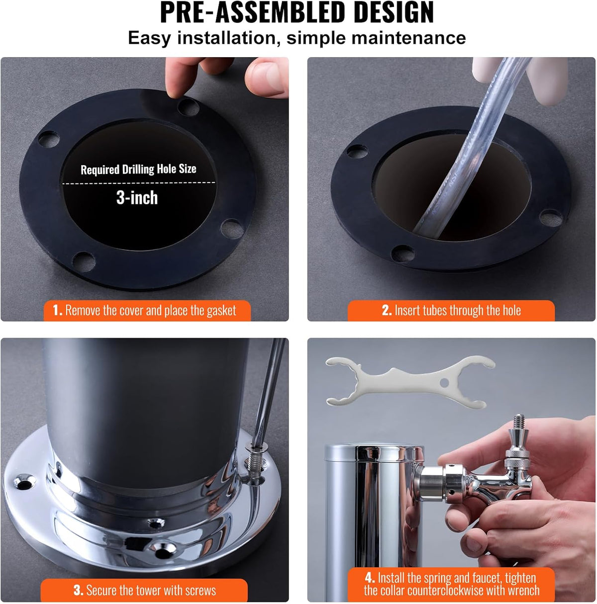 Triple Taps Draft Beer Tower Dispenser, Stainless Steel Keg Beer Tower, Kegerator Tower Kit with Pre-Assembled Tubing
