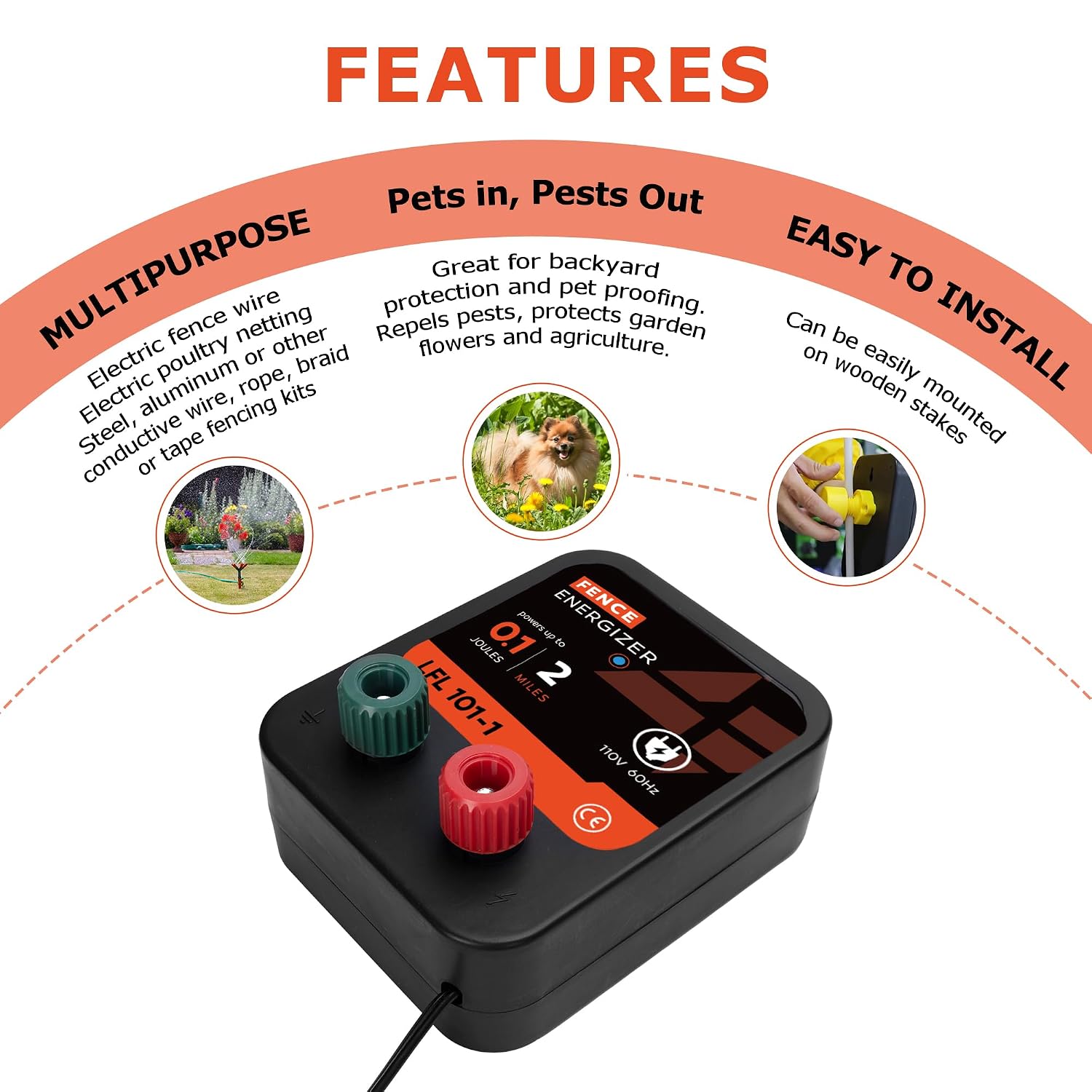 Electric Fence Charger, Electric Fence Energizer 0.1 Joule Ac Powered