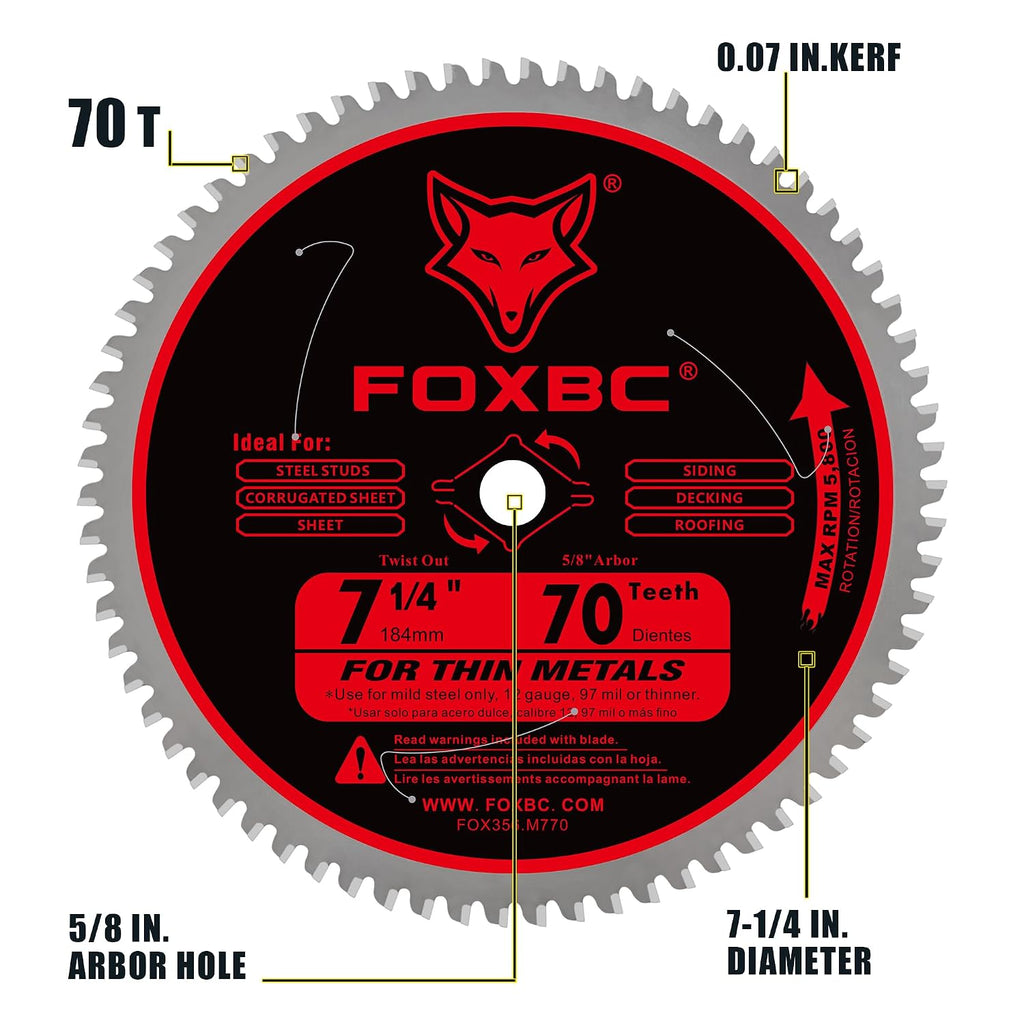 FOXBC 7-1/4 inch Circular Saw Blade Metal and Stainless Steel Cutting 70 Teeth