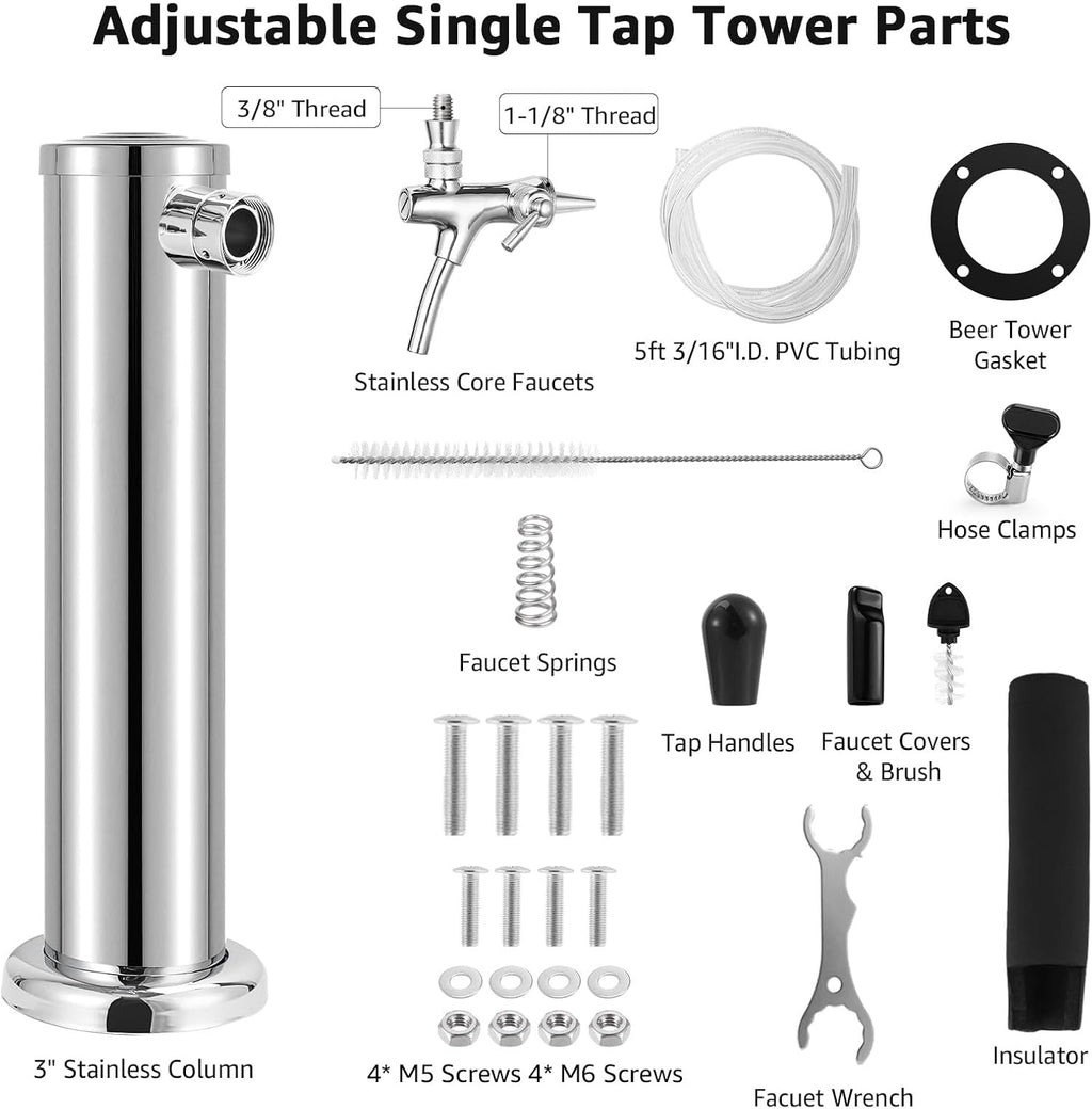 Adjustable Kegerator Beer Tower, Single Tap Tower Keg Tower for Homebrew