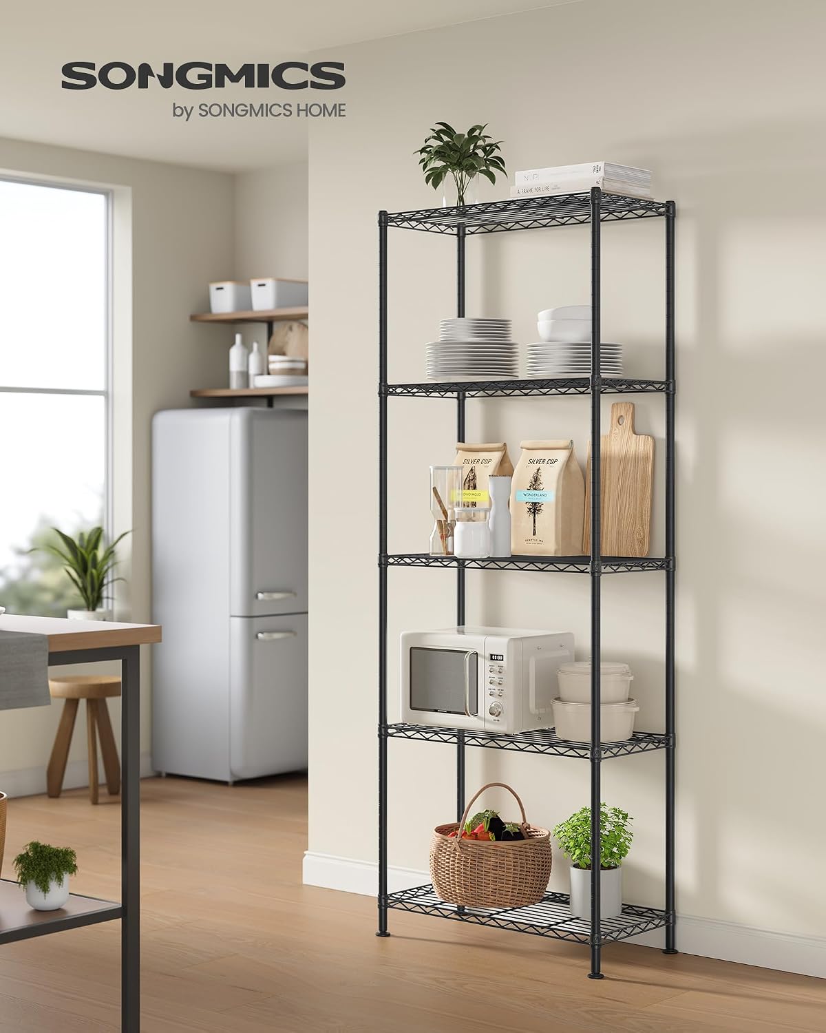 5-Tier Storage Shelves, Adjustable Wire Shelving Unit, 8 Hooks