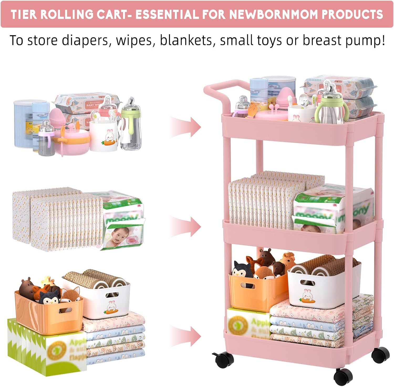 Diaper Caddy - Plastic Diaper Organizer for Nursery Essentials, Baby Organizers and Storage, Movable Cart for