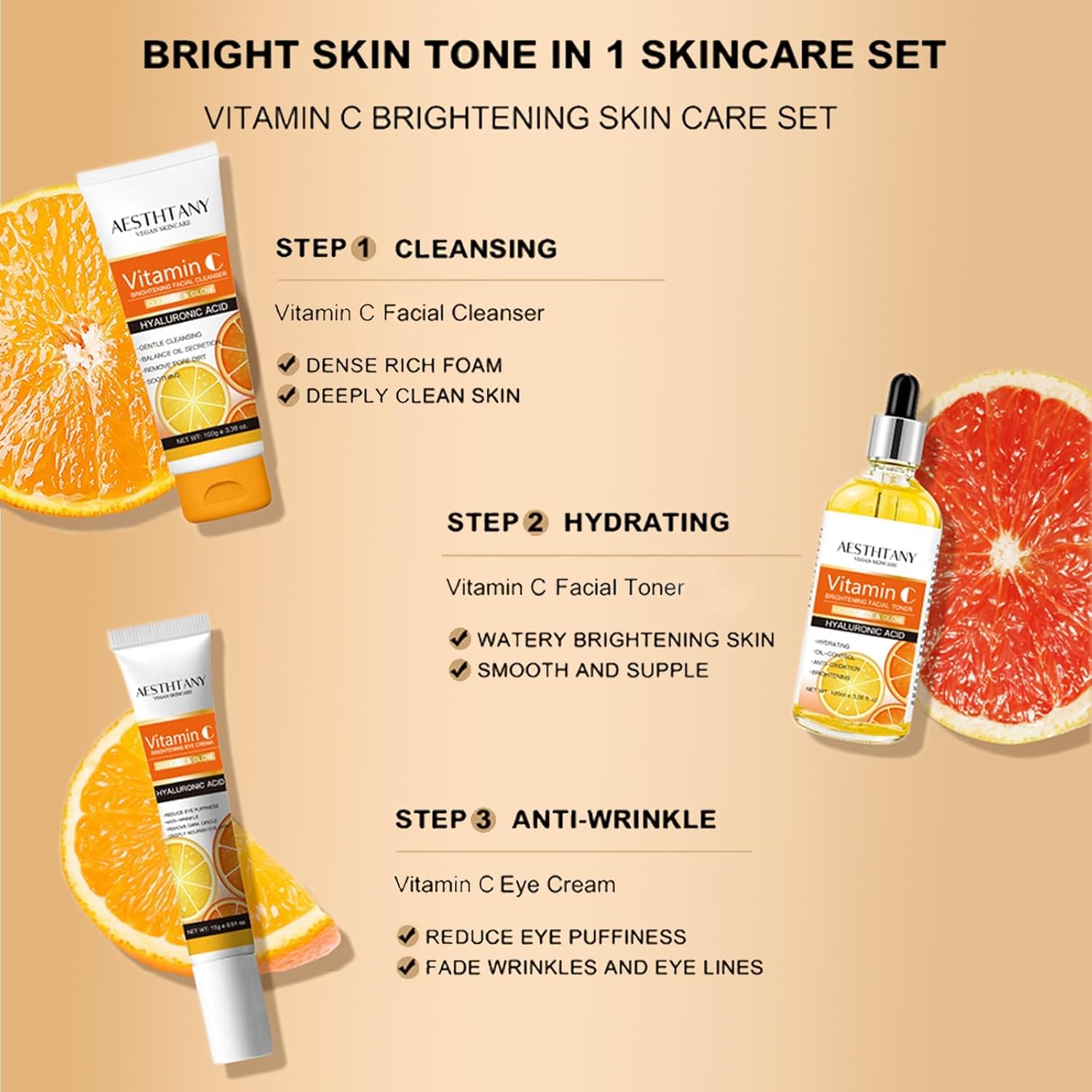 Vitamin C Skin Care Set For Women , 5-In-1 Moisturizing Hyaluronic Acid Skin Care Routine with Facial Cleanser