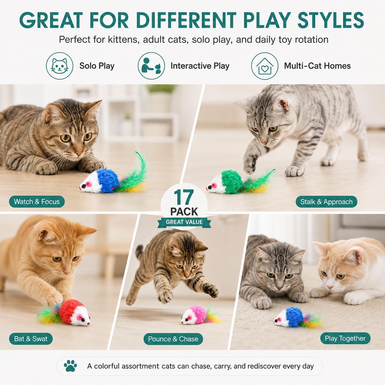 Cat Mouse Toys 17 Pack, Interactive Cat Toys for Indoor Cats, Catnip-Scented Plush Mice with Feather Tails & Rattle