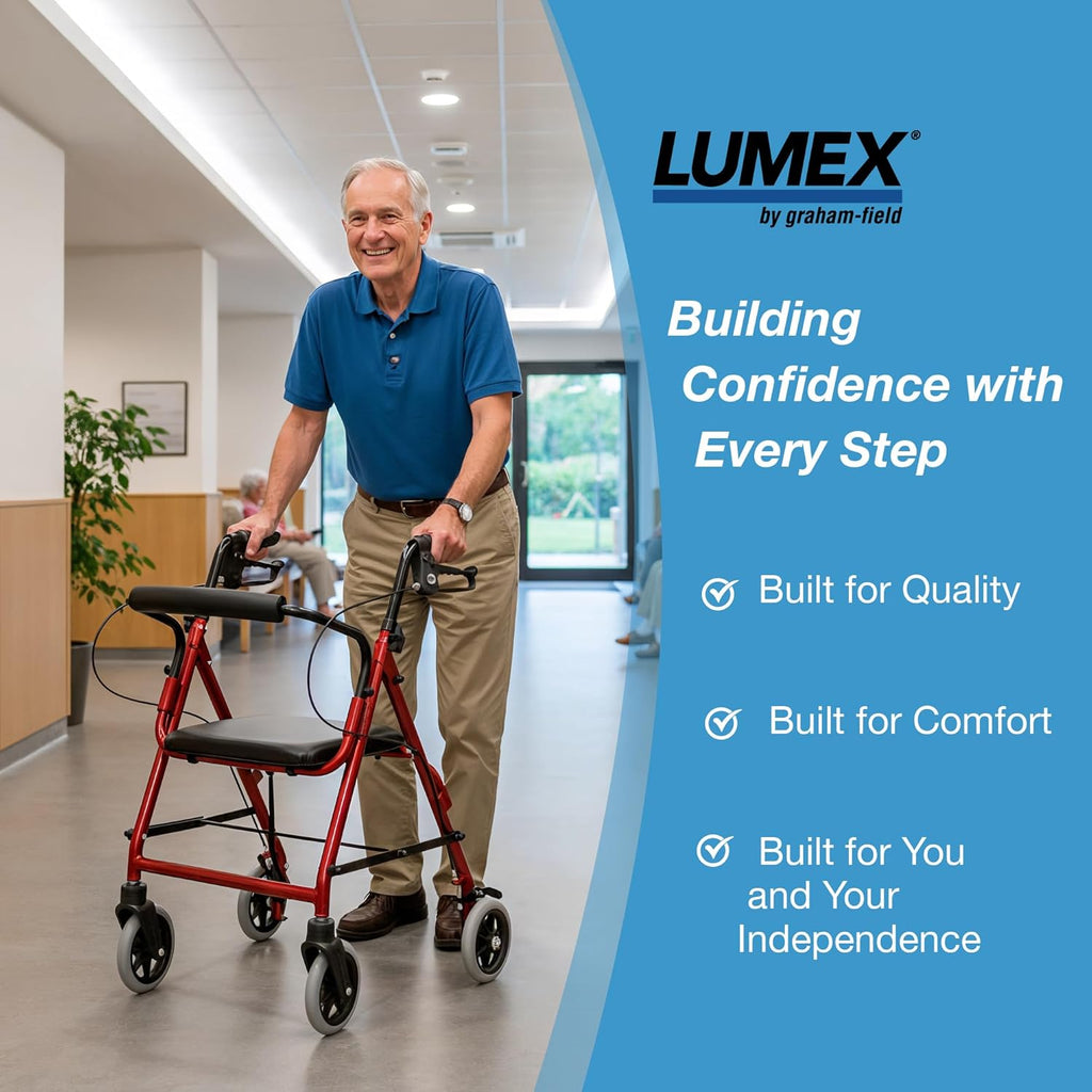 Lumex Walkabout Junior Rollator - Narrow Rolling Walker with Seat for Seniors & Small Spaces