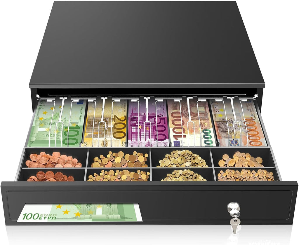 16.4" Cash Drawer with Media Slot, POS Cash Register with 5 Bill 8 Coin Slots, RJ11/RJ12 Printer-Driven, 3-Position