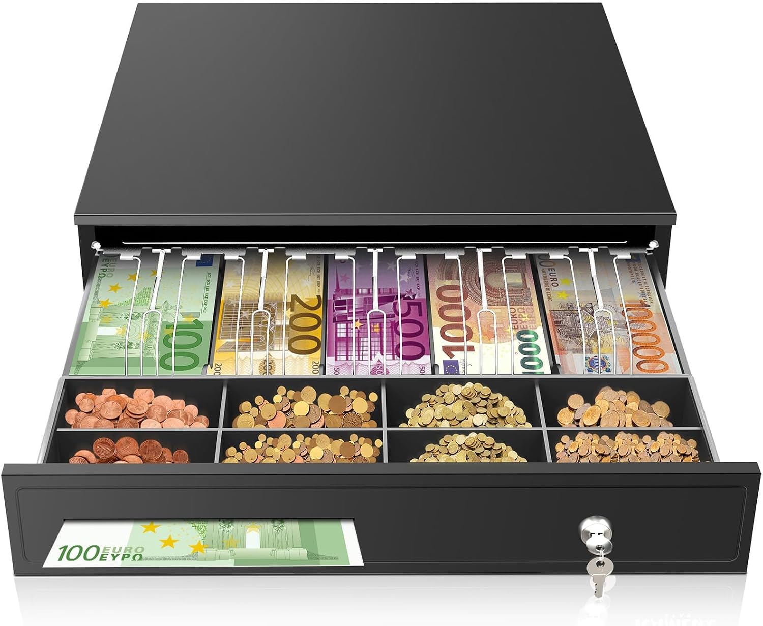 16.4" Cash Drawer with Media Slot, POS Cash Register with 5 Bill 8 Coin Slots, RJ11/RJ12 Printer-Driven, 3-Position