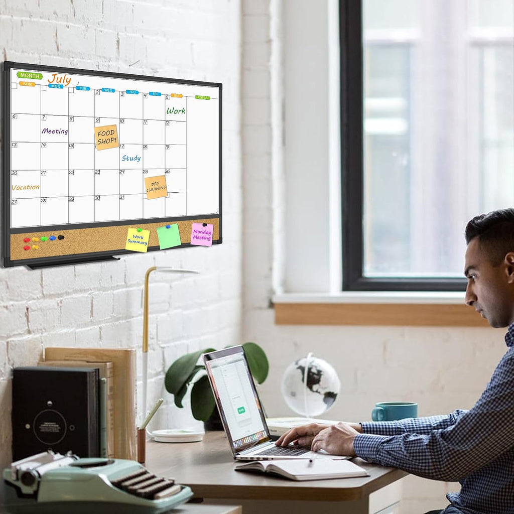Magnetic Calendar Whiteboard & Bulletin Corkboard Combination, Combo Board 24 x 18 Inch, Black Aluminum Frame Wall