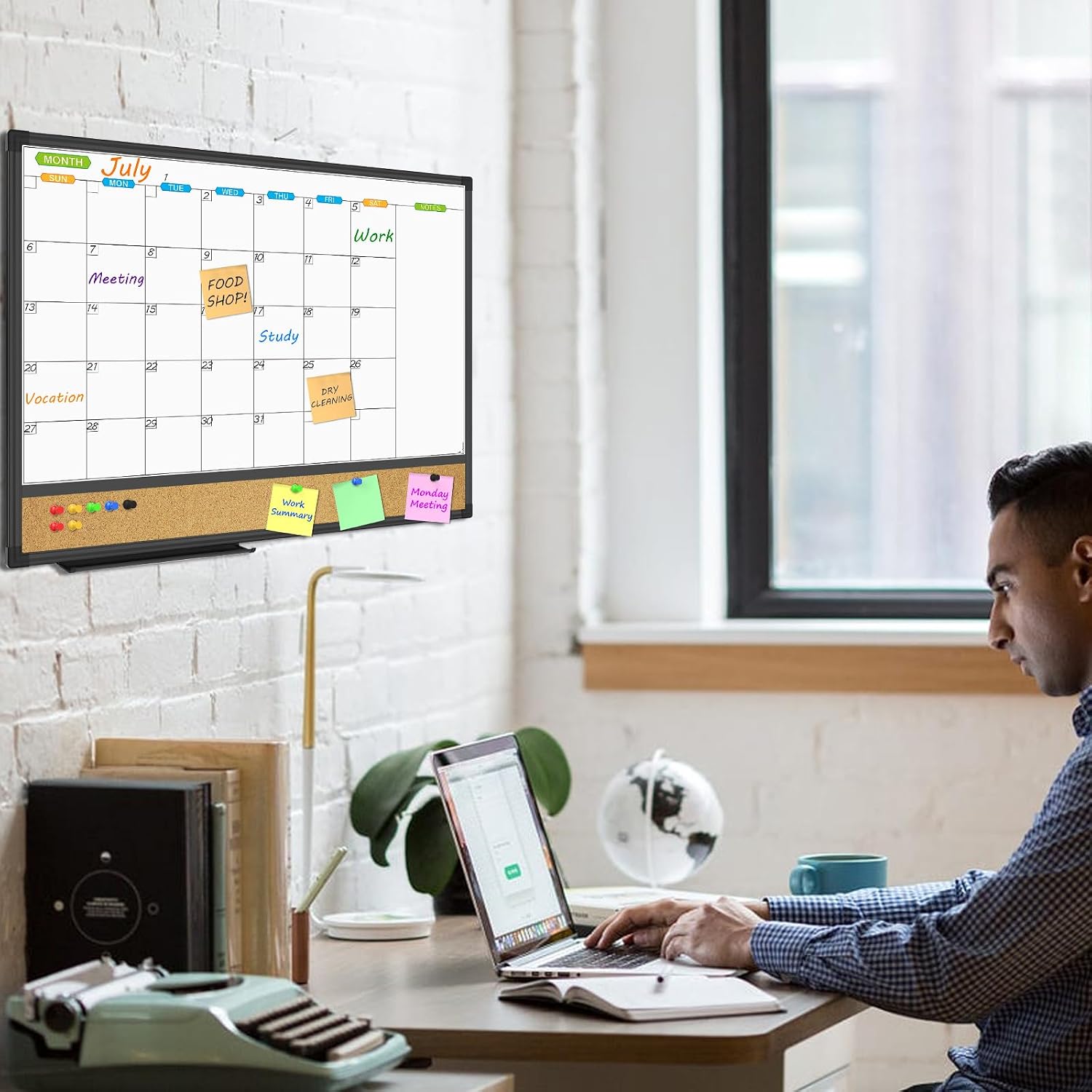 Magnetic Calendar Whiteboard & Bulletin Corkboard Combination, Combo Board 24 x 18 Inch, Black Aluminum Frame Wall