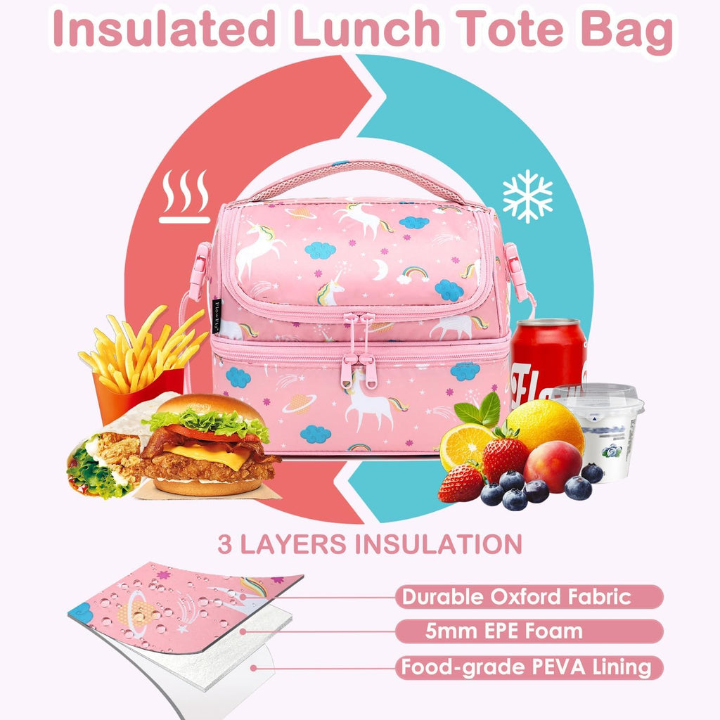 Kids Double Decker Cooler Insulated Lunch Bag Large Tote for Boys, Girls, Men, Women, With Adjustable Strap, Unicorn