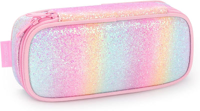 Girls Pencil Case for Kids, Multi-Slot Pencil Pouch, Pink Blue Rainbow