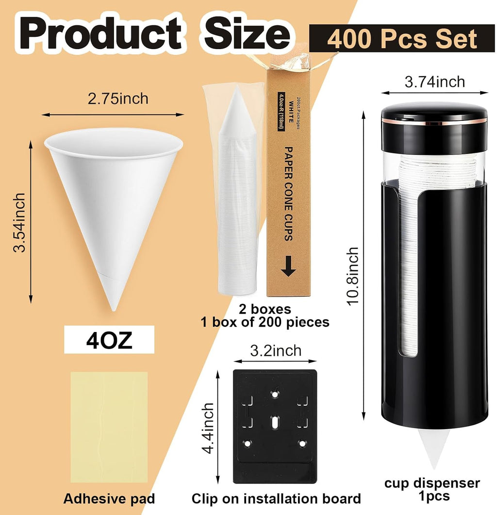 600 Pcs 4 oz Paper Cone Water Cups with Cup Dispenser, Black