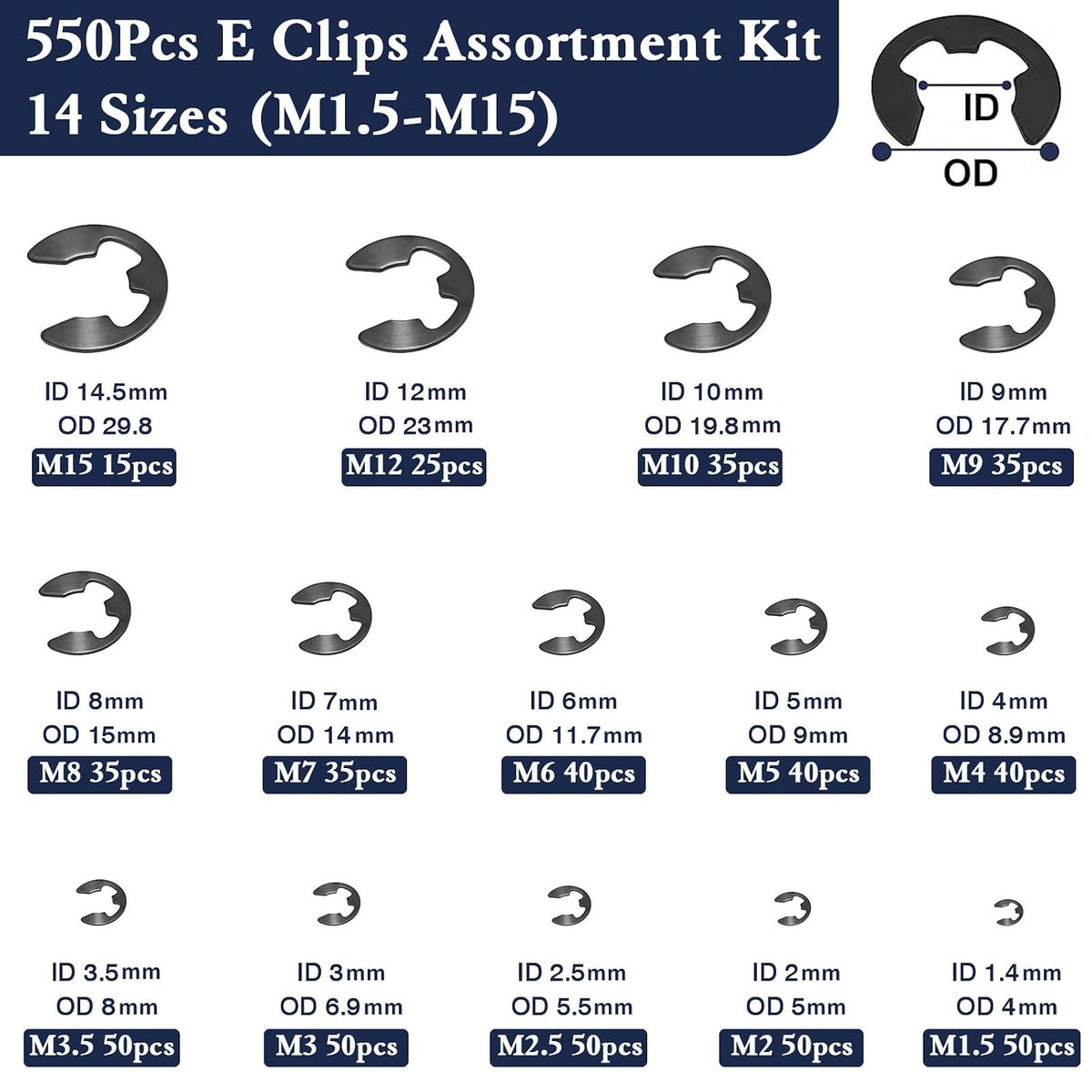 ZQZ E Clips Assortment Kit (M1.5-M15), 550 Pcs External Retaining Rings Set