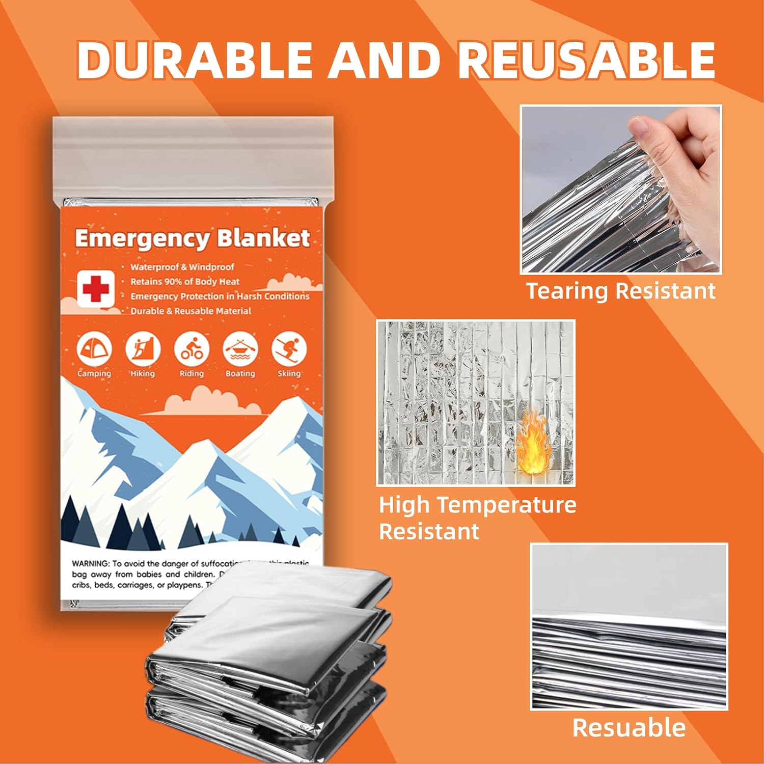 Emergency Mylar Blankets, Survival Space Blanket, 10 Pack | waterproof Mylar emergency blankets reflect up to 90%
