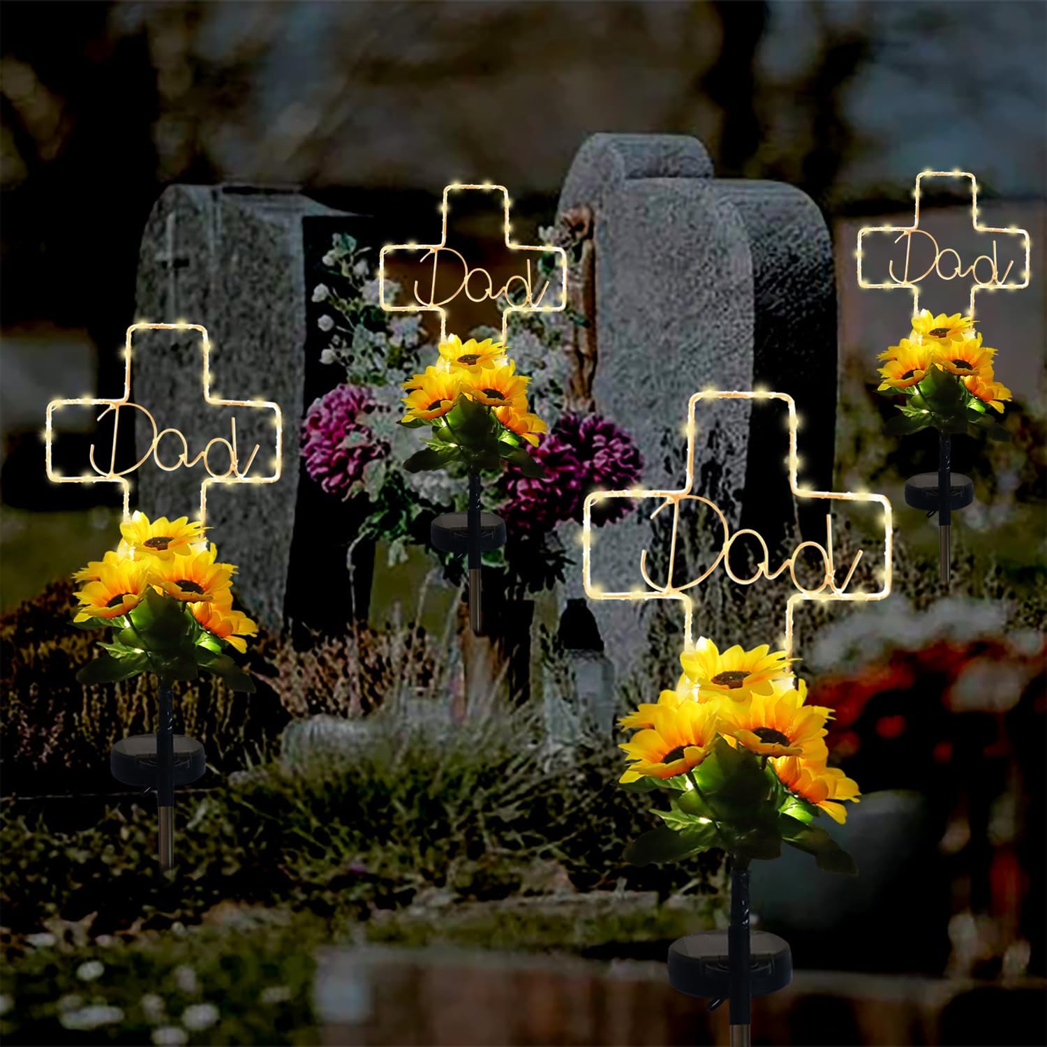 Solar Cross Sunflower Lights for Cemetery Dad, Waterproof Grave Decorations for Cemetery Dad, Sympathy Memorial Gifts