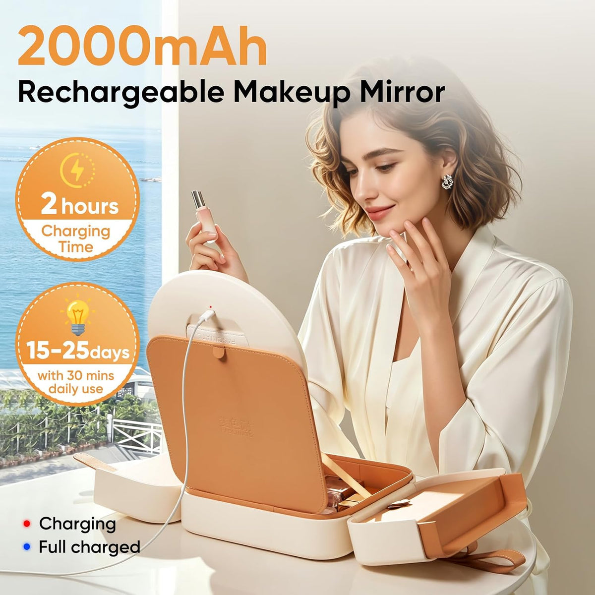 Leather Travel Makeup Bag with Rechargeable LED Mirror, Cream