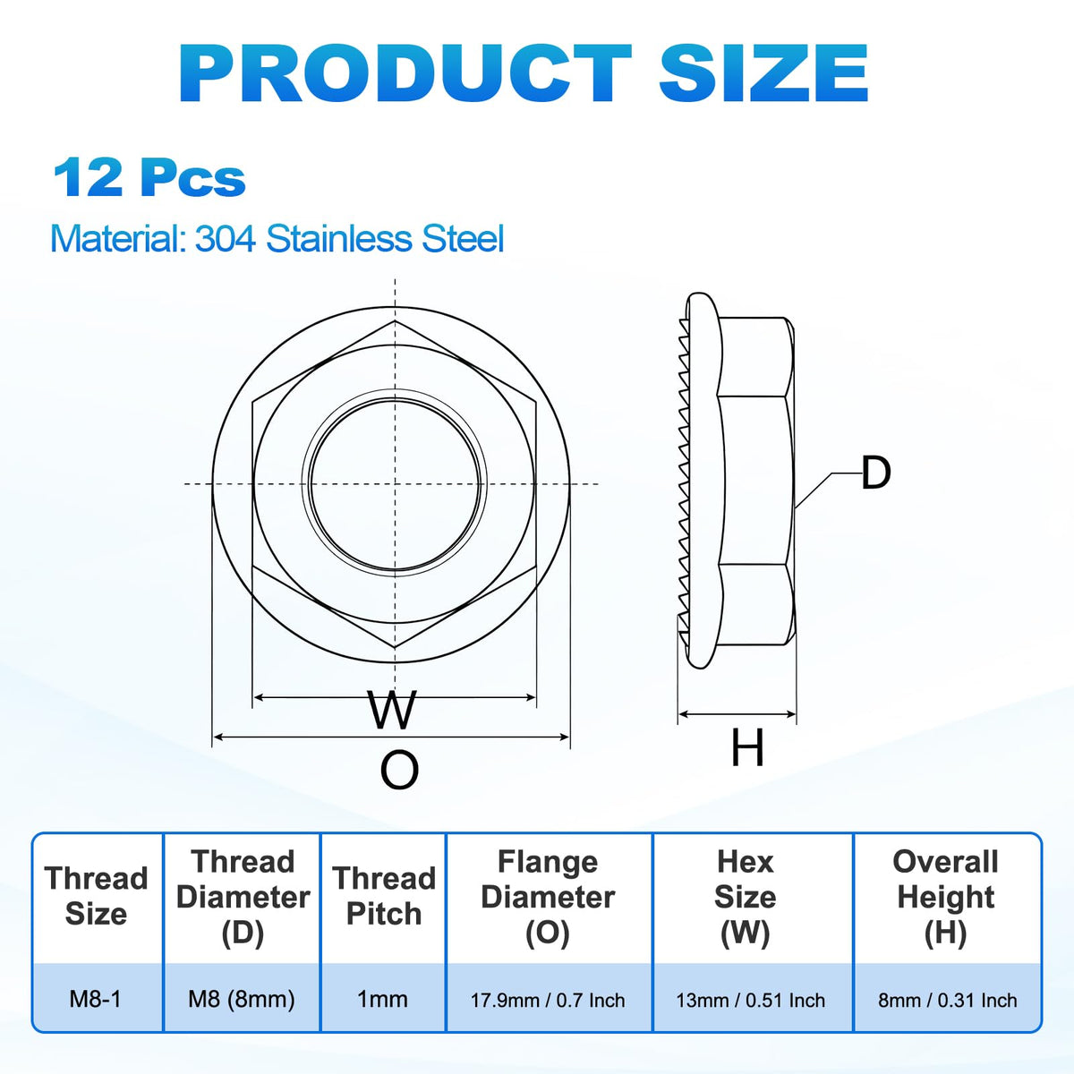 Kozelo 12Pcs Serrated Flange Hex Nuts-M8-1-Fine 304 SS