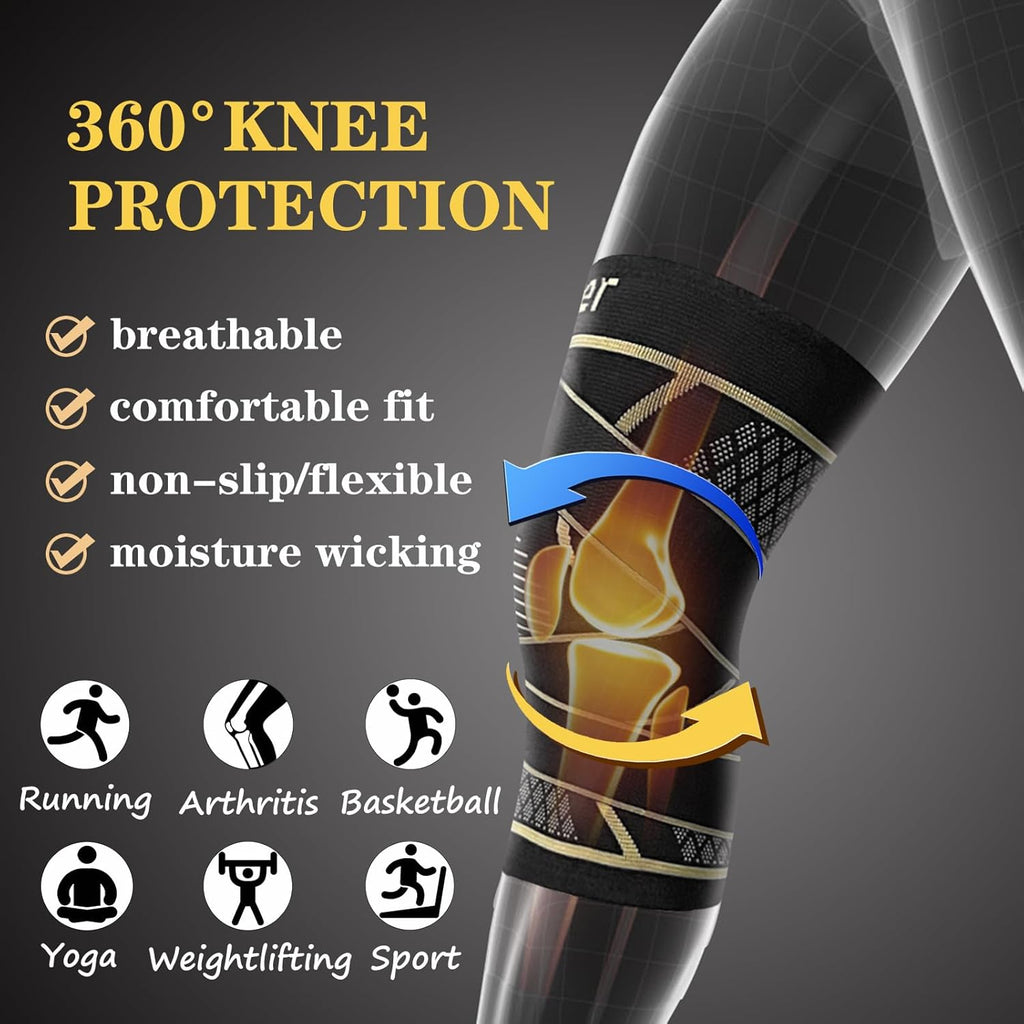 Copper Knee Braces with Strap for Knee Pain Women and Men(2 Pack), Knee Compression Sleeve for Arthritis, ACL