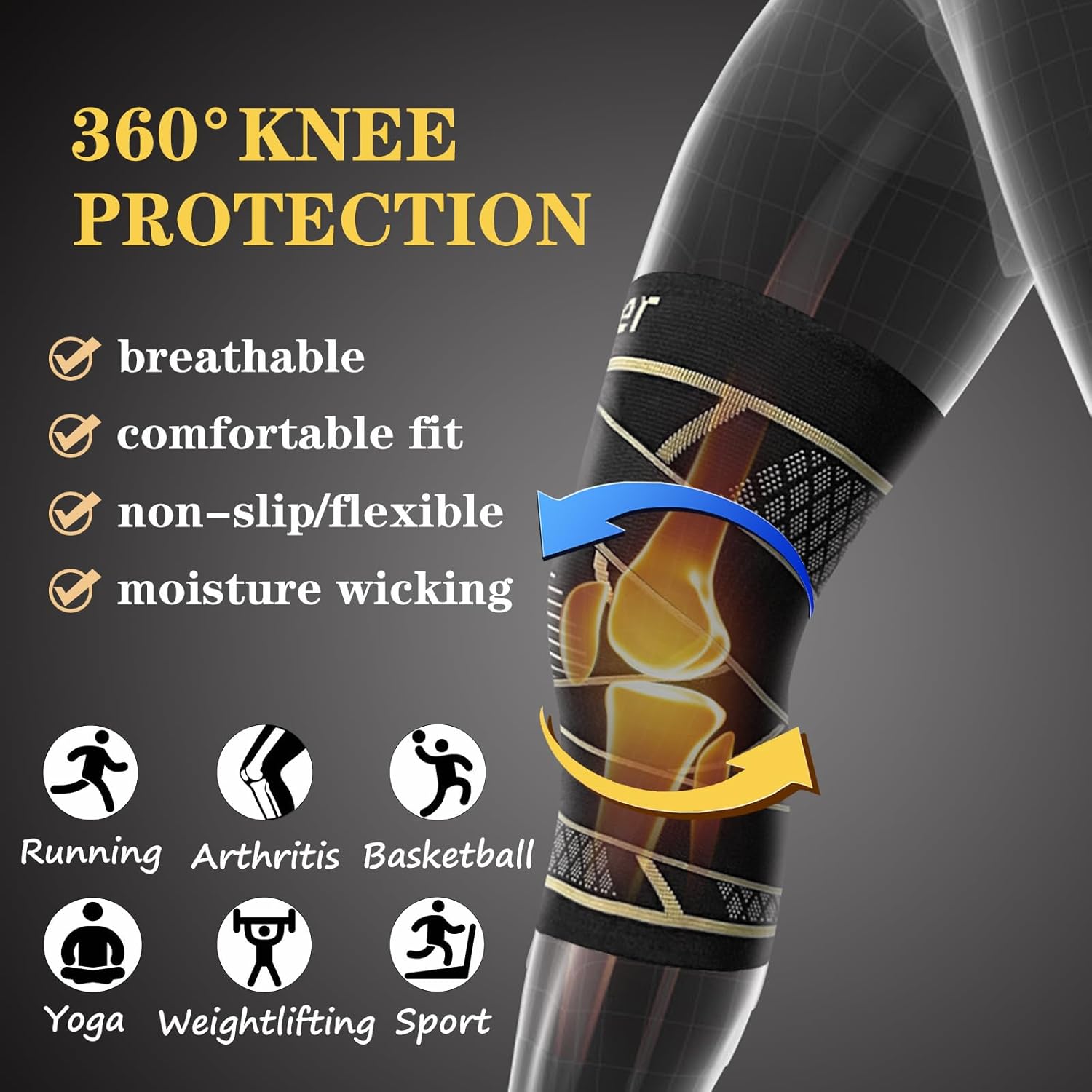 Copper Knee Braces with Strap for Knee Pain Women and Men(2 Pack), Knee Compression Sleeve for Arthritis, ACL