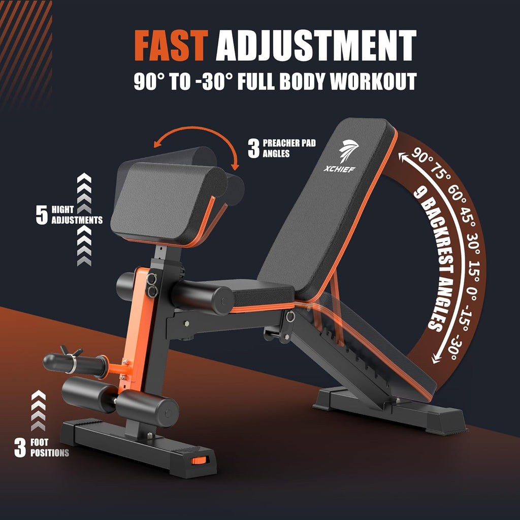 Adjustable Weight Bench - 1000LBS Capacity Heavy Duty Foldable Workout Bench for Full Body Exercise
