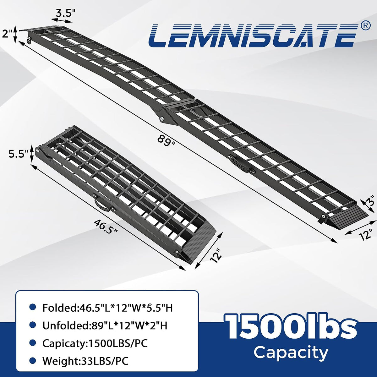 Aluminum Loading Ramps for Pickup Trucks, 1500 LBS, 7.5FT Folding Trailer Ramps with Handle & Buckle, for Lawn