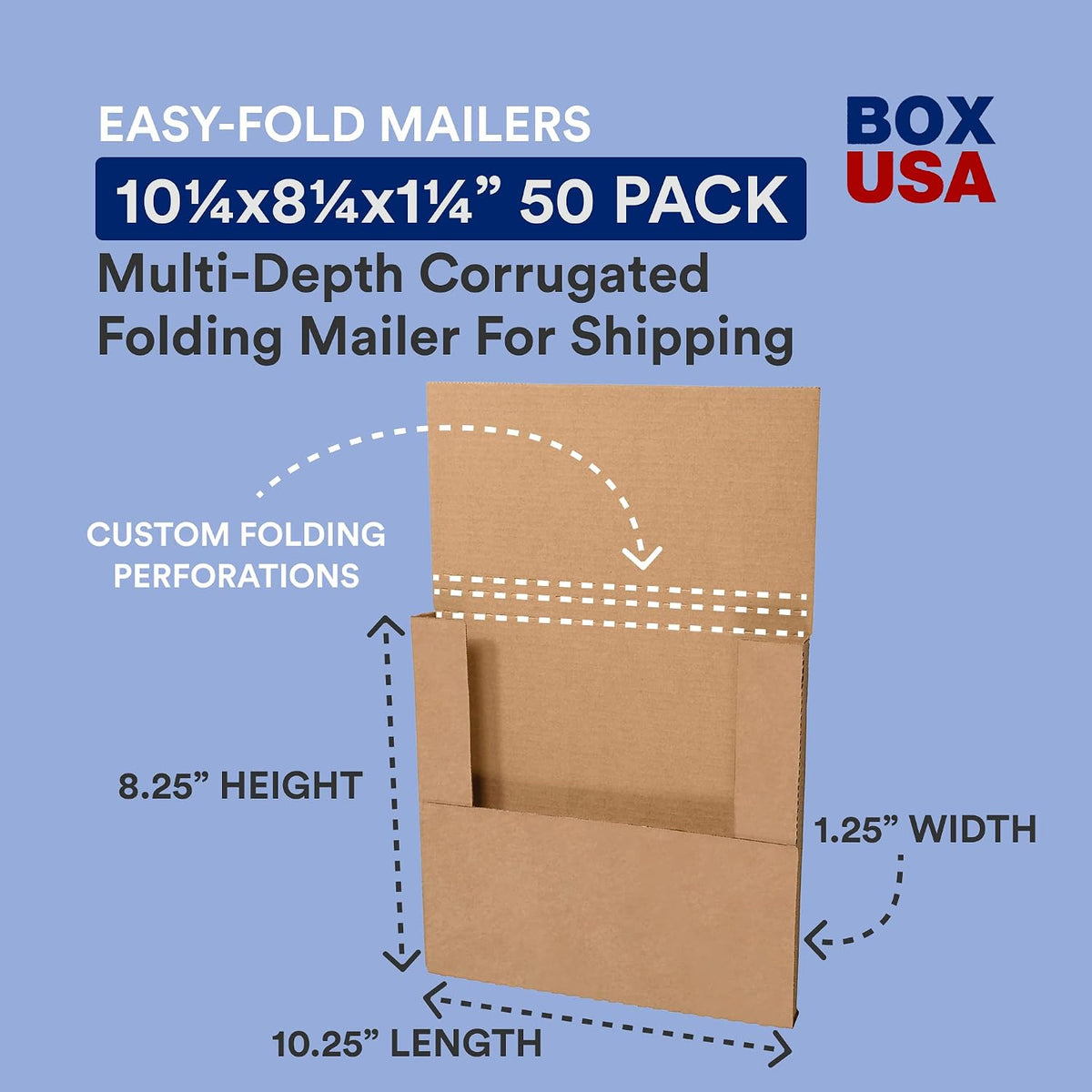 Flat Mailer Shipping Boxes 10.25"L x 8.25"W x 1.25"H Medium 50-Pack | Corrugated Cardboard Box for Small or Large