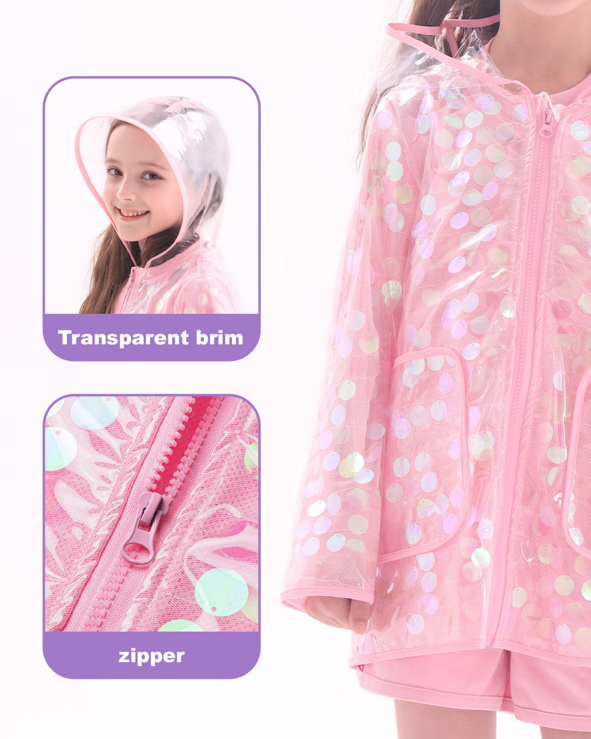Girls Sequin Raincoat Waterproof Reusable Hooded Outwear Rain Jacket