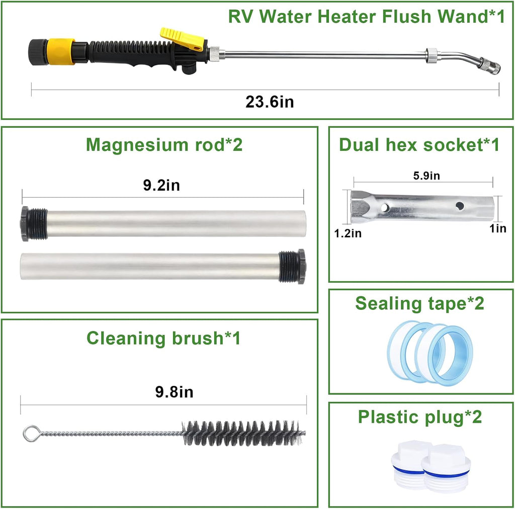 9PCS RV Water Heater Anode Rod & Cleaning Kit - 9.25"L 3/4"NPT Magnesium Rods for Suburban/Mor-Flo, RV Tank Rinser, Stainless Steel Brush, Wrench - Extends Heater Lifespan (9 PCS)