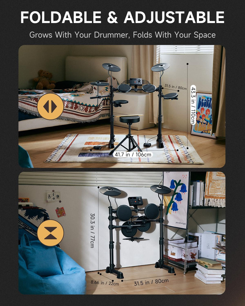 DED-70SE Electronic Drum Set for Kids, Electric Drum Kit with 150 Sounds, 4 Quiet Silicone Pads, 9" Cymbals, USB