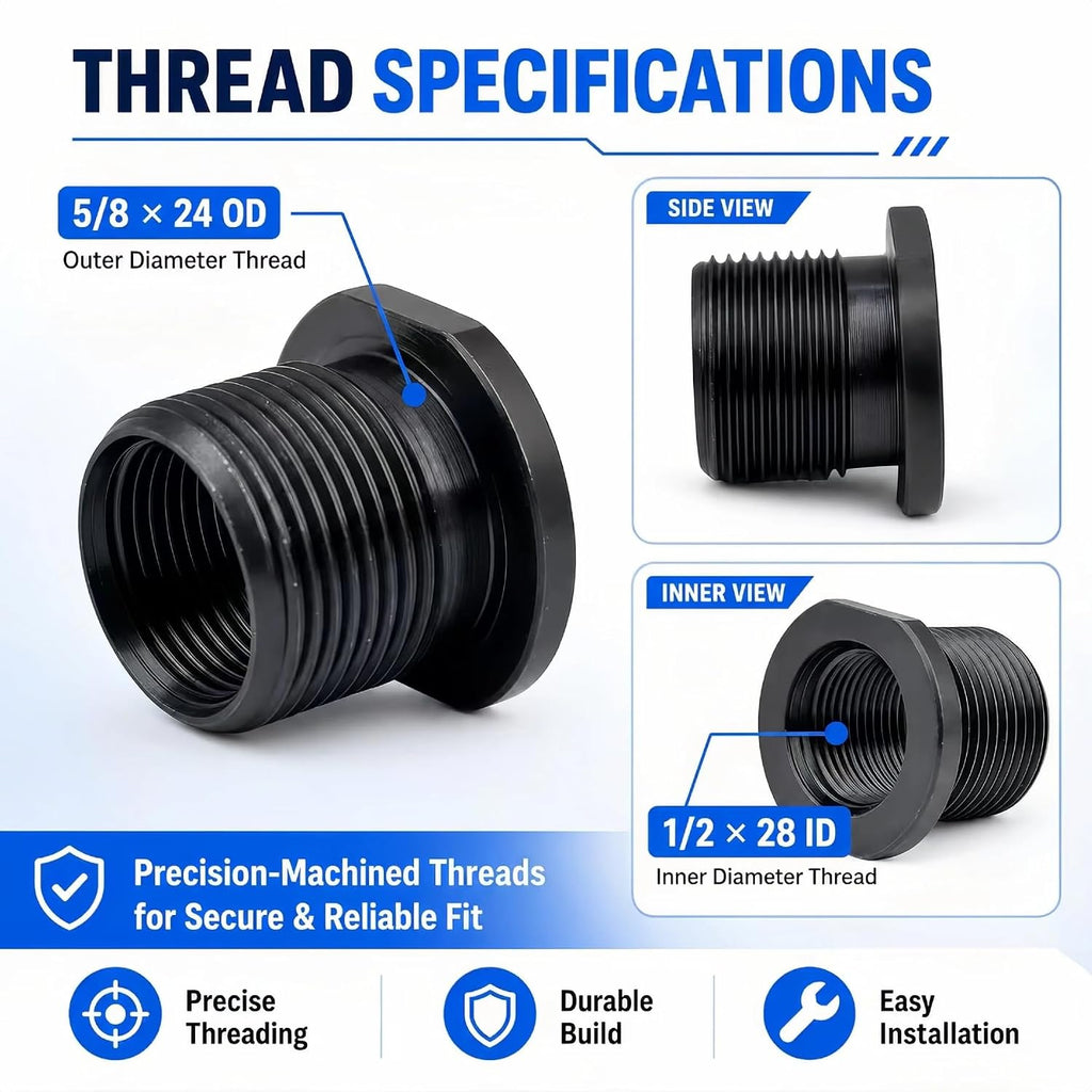 6 Pack Thread Protector 1/2”-28 to 5/8”-24 Thread Reducer Black Steel Thread Reducer Kit with Metal & Rubber Sealing Washers for Secure Mechanical Connections