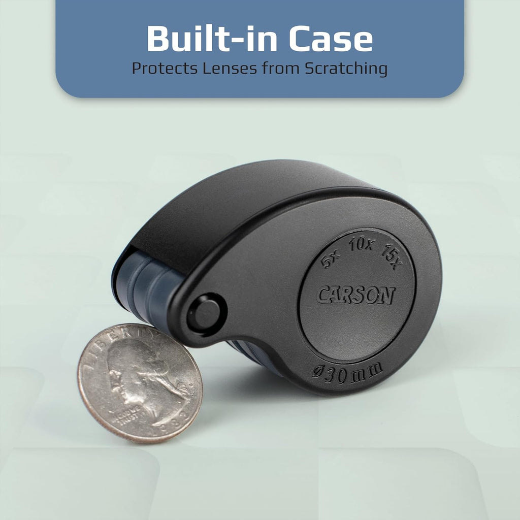 TriView 5x/10x/15x Folding Loupe Magnifier with Built-in Case, 3-in-1 Portable Loupe Magnifying Glass - Adjustable
