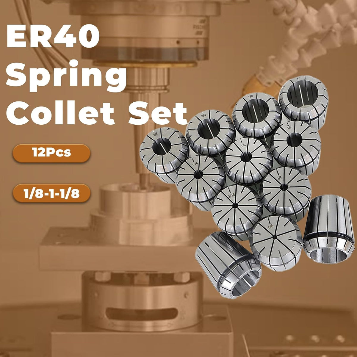 kimllier 12Pcs Carbon Steel ER40 Spring Collet Set 1/8-1-1/8 Inch