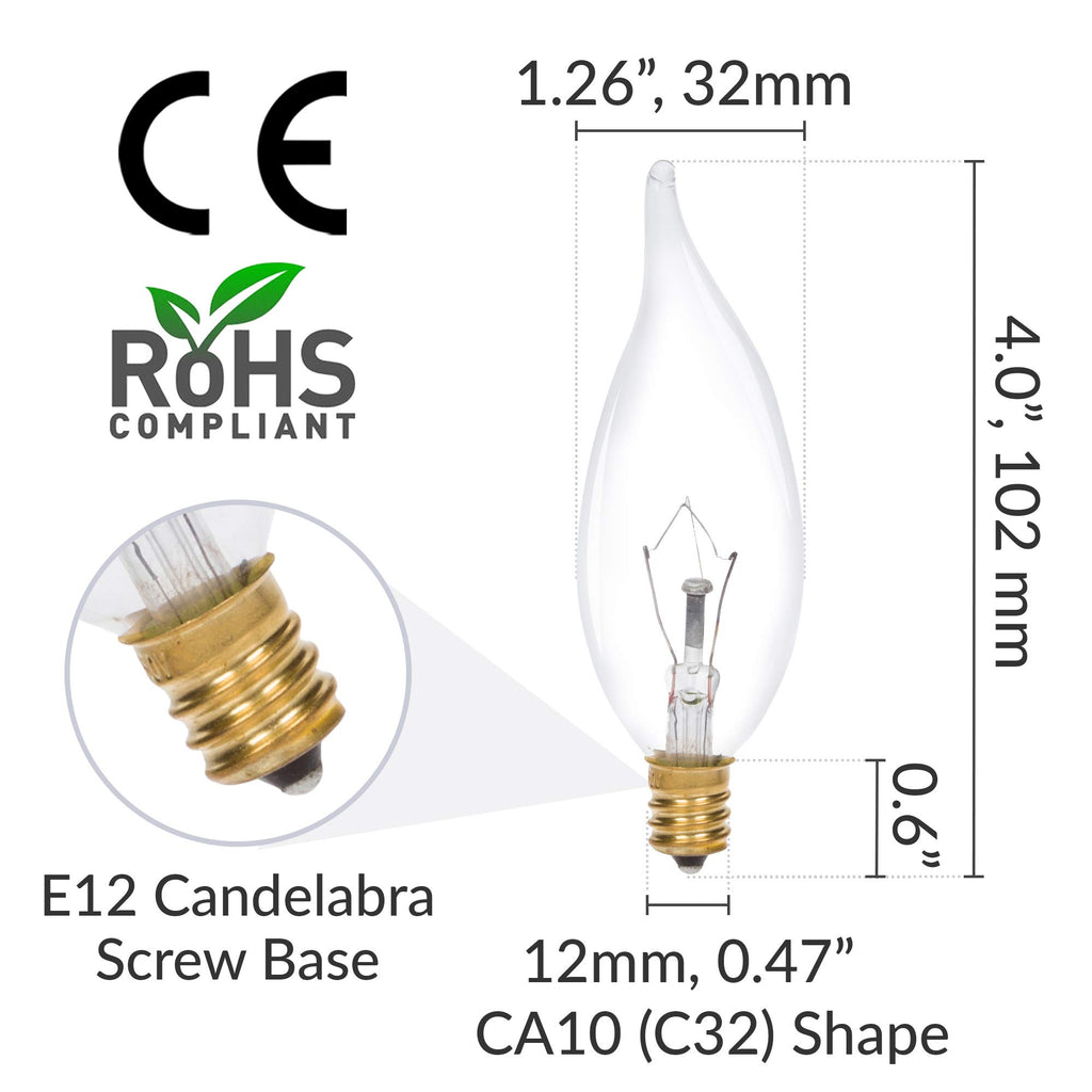 Candelabra Flame Tip Clear CA10 40W E12 Base 120V, 12 Pack