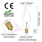 Candelabra Flame Tip Clear CA10 40W E12 Base 120V, 12 Pack
