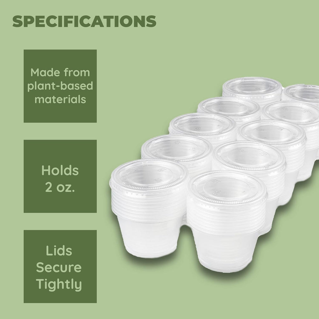 Compostable Condiment Cups with Lids, 2 oz Sauce Cups, 100 Sets per Pack: Eco-friendly for Salad Dressings