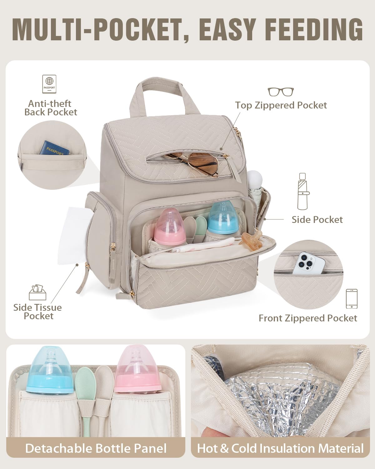 Diaper Bag Backpack with Changing Pad and Insulated Pockets, Camel