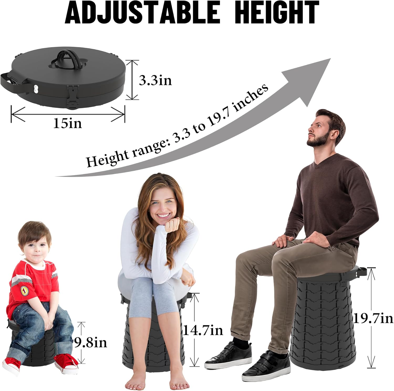 XXL Portable Toilet for Camping,880lbs Capacity,19.7" H Adjustable Outdoor Toilet with 7 Garbage Bags,Porta Potty for